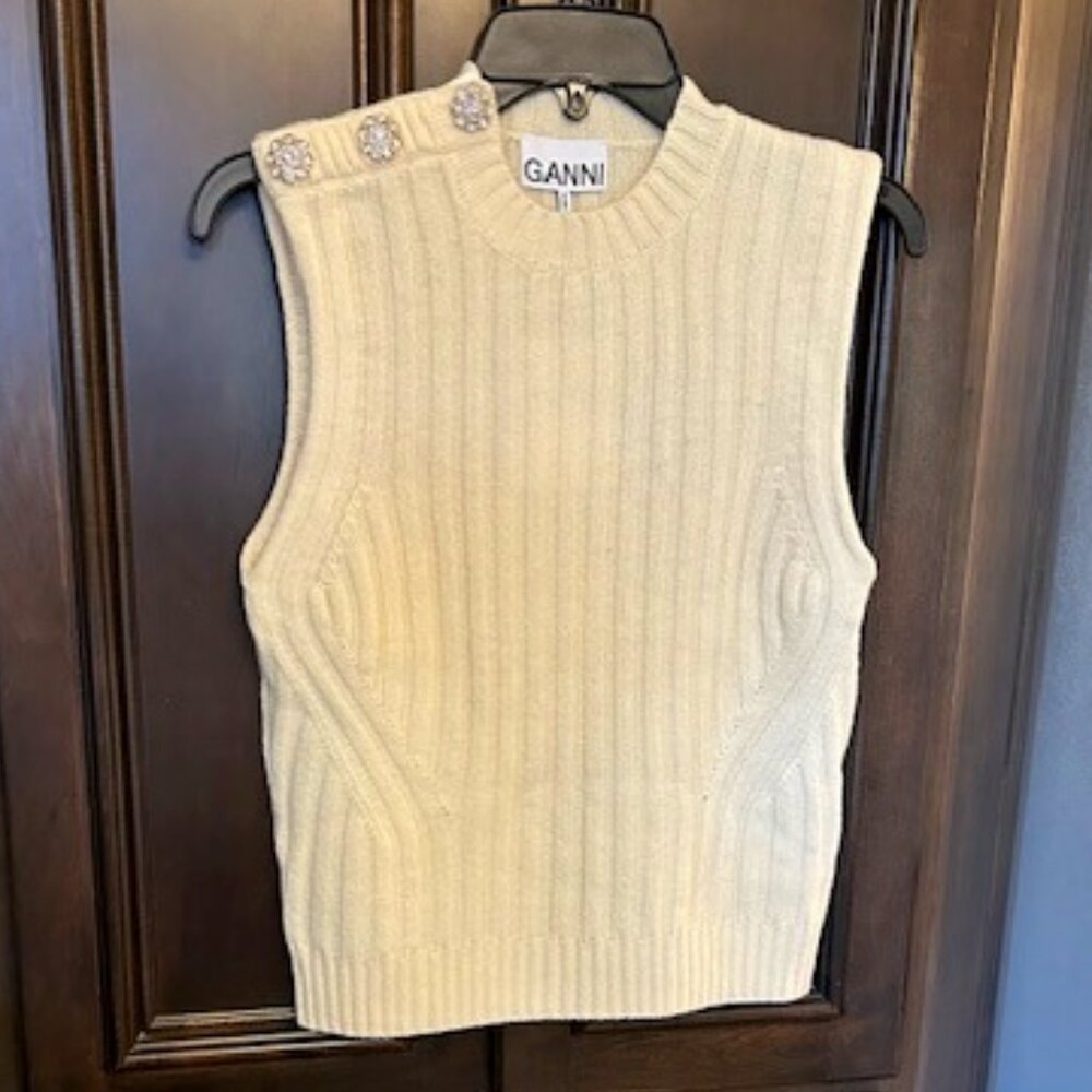 GANNI O Neck Egret Sweater Knit Vest with Sparkly Crystal Embellishments